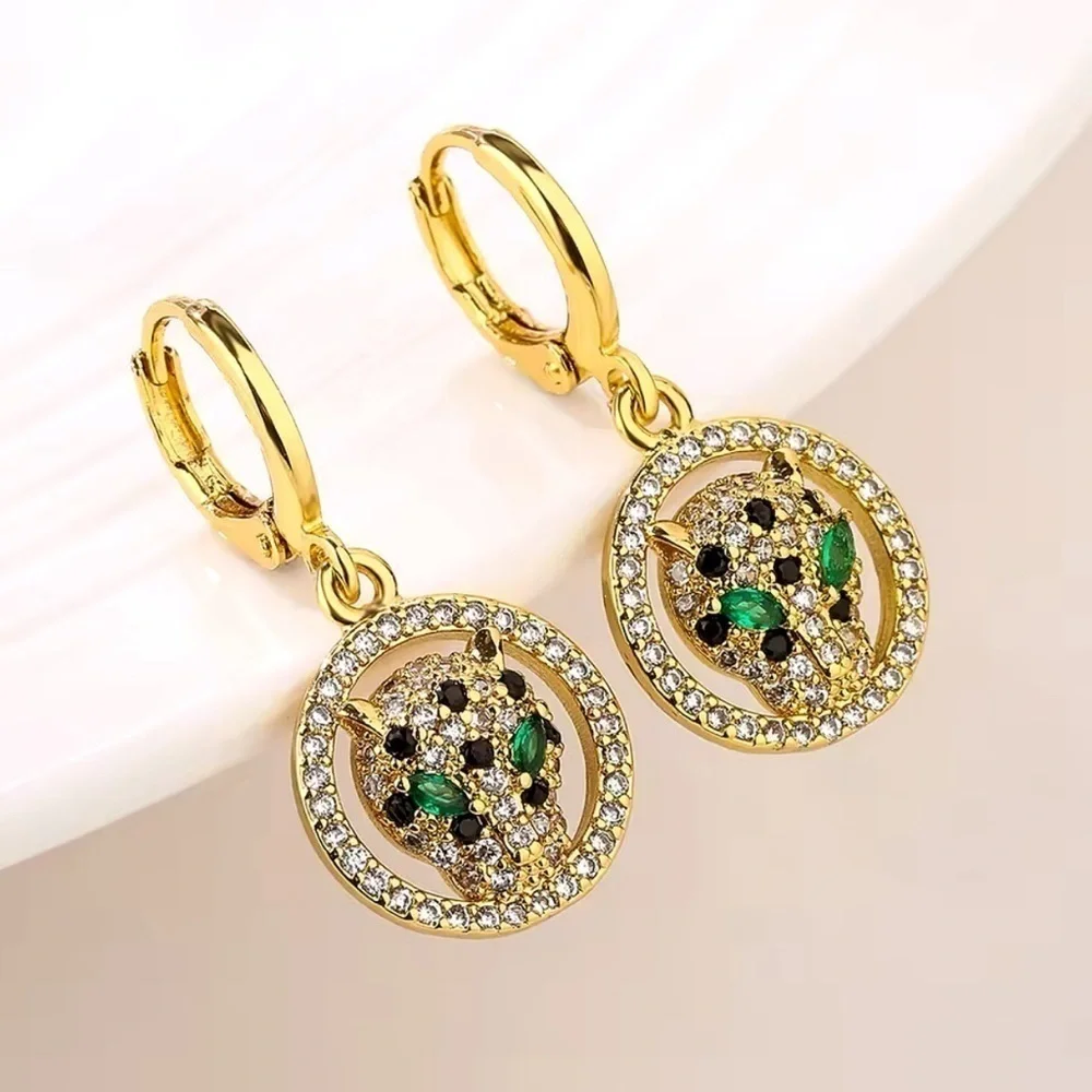 18K Gold Pavé Diamond Panther Designer Inspired Huggie Hoop Dangle Drop Earrings
